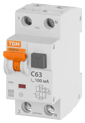 Дифф. автомат TDM Electric АВДТ 63, 2P 63А 100мА, SQ0202-0013