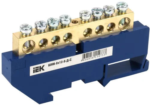 Шина IEK / ИЭК ШНИ-8х12-8-Д-С нулевая синий изолятор, контактная группа качественная латунь, 72х45.4х88.5мм, DIN-рейка, 1×8 125А, YNN10-812-8D-K07 / соединитель проводов
