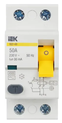 УЗО IEK ВД1-63 двухполюсный, 50A 30мА, IP20, MDV10-2-050-030