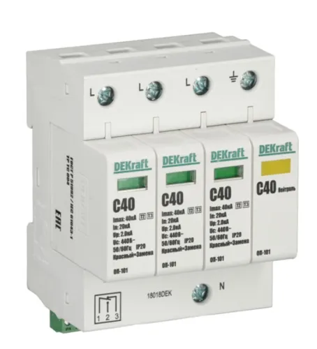 Ограничитель перенапряжения DEKraft / ДеКрафт ОП-101 модульный, 3P+N, 440В 2кВ 40кА / электрика