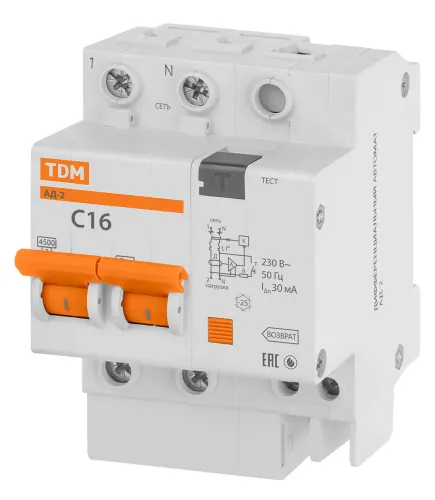 Дифф. автомат TDM Electric АД-2 2P C16 30мА 4.5кА SQ0221-0001