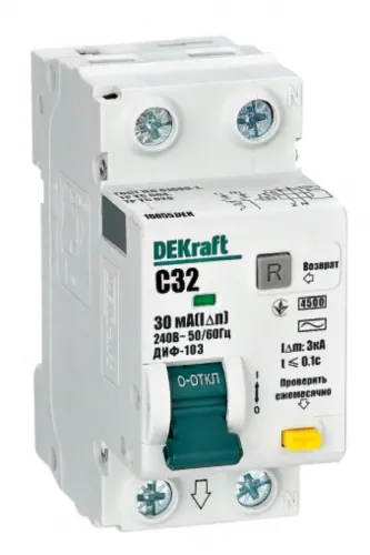Дифференциальный автомат DEKraft ДИФ-103 1П+N 32А 30мА 4.5кА