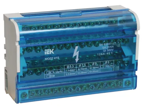 Шина IEK / ИЭК ШНК 4х15 3L+PEN, нулевая на DIN-рейку в корпусе (кросс-модуль), латунь, 87х132х50мм, 125А, YND10-4-15-125 / соединитель проводов