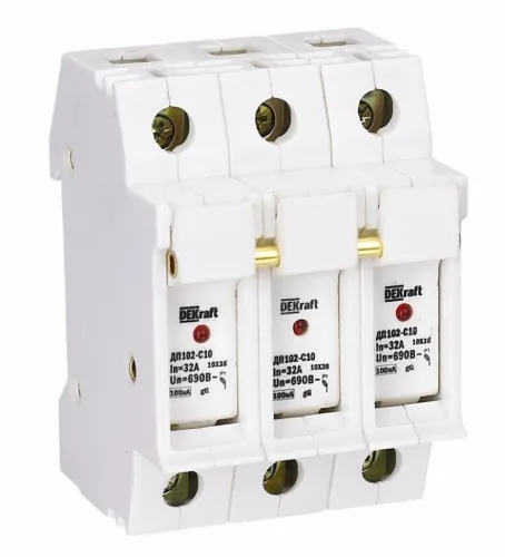 Держатель предохранителя DEKraft / ДеКрафт ДП-102 C10 со световой индикацией под DIN-рейку, 3P 32А, переменный (АС), 500В, IP20 / электрика