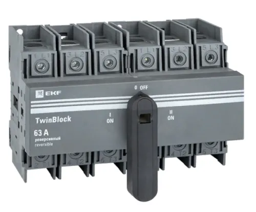 Выключатель нагрузки EKF / ЕКФ TwinBlock 3П 63A реверсивный c рукояткой для прямой установки, tb-s-63-3p-rev / разъединитель