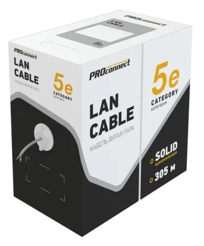Кабель информационный PROconnect / Проконнект Indoor solid 24AWG 4PR, витая пара, омедненный CCA ПВХ серый, U/UTP, cat5e, 4 пары, 5.1мм, 305м / электрика