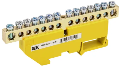 Шина IEK / ИЭК ШНИ-8х12-14-Д-Ж, PE земля на DIN-изоляторе, латунь, 14 соединений, 89х12х46.7мм, 125А, YNN10-812-14D-K05 / соединитель проводов