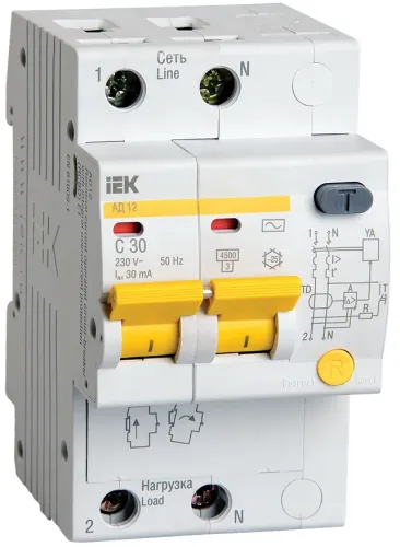 Дифференциальный автомат IEK / ИЭК АД-12 2P 30мА 50Гц 230В 32А характеристика C тип АС, MAD10-2-032-C-030 / автоматический выключатель