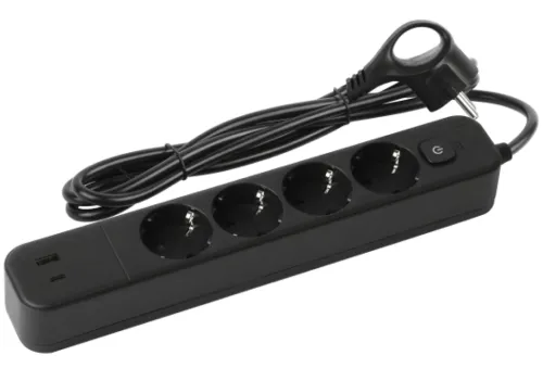 Сетевой фильтр ЭРА USF-4es-1.5m-2xUSBAC-B с базовой защитой с заземлением и выключателем, 10А 3x0.75мм2, 1.5 метра 4 гнезда/2xUSBA+C черный, Б0019738 / удлинитель