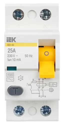 Устройство защитного отключения IEK / ИЭК ВД1-63 двухполюсный, в пластиковом корпусе, белый, 25A 10мА IP20 тип AС, MDV10-2-025-010 / УЗО