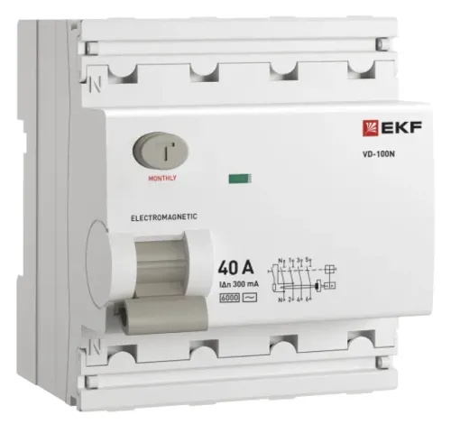 Дифференциальный автомат EKF / ЕКФ PROxima ВД-100N, 4P 40А 300мА, тип AC, 6кА, E1046M40300 / автоматический выключатель