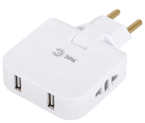 Разветвитель ЭРА SPF-2-FL-USB, 2 розетки, 2xUSB, 2200Вт