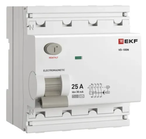 Дифференциальный автомат EKF / ЕКФ PROxima ВД-100N, 4P 25А 30мА, тип AC, 6кА, E1046M2530 / автоматический выключатель