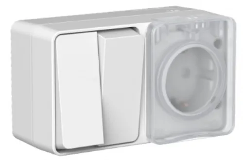 Блок System Electric / Систем Электрик AtlasDesign Profi IP54 розетка и выключатель двухклавишный из поликарбоната, серый, 250В, 10/16А, размером 121×60×56мм / электрика