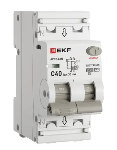Дифференциальный автомат EKF / ЕКФ Proxima АВДТ-63N 1P+N 30мА 50Гц 230В 40А характеристика C тип АС, D63N26E40C30 / автоматический выключатель