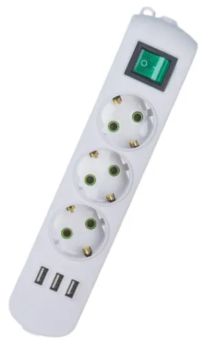 Блок розеток Lezard / Лезард Letitia с заземлением и выключателем, с USB, 3 гнезда IP20 белый, 721-0300-302U / колодка электрическая для удлинителя