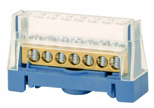 Блок зажимов DKC / ДКС шина латунная в корпусе на DIN рейку, синяя, 1 полюс 63А, 5 контактов сечение 16мм2, 2/25мм2 / электрика