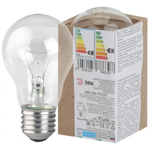 Лампа накаливания ЭРА груша А50 вольфрамовая прозрачная в гофре, цоколь Е27, теплый белый свет, 935Лм 230В 75Вт / освещение