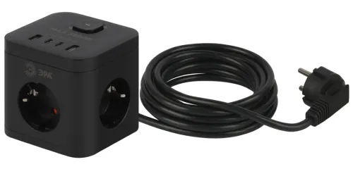 Удлинитель ЭРА CUBE-3es-1.5m-4USB-B, 16А, 3.5кВт, 1.5м