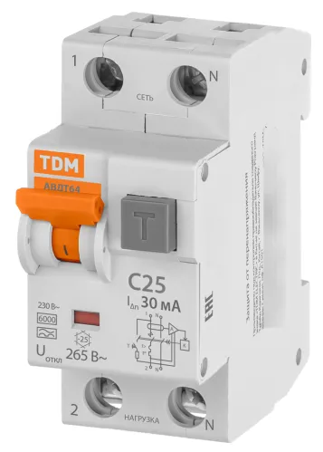 Дифф. автомат TDM Electric 64, 1Р+N C25 30мА тип A, 6кA, SQ0205-0006
