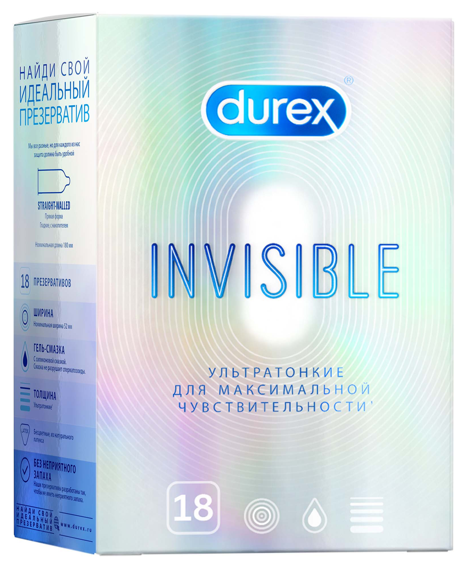 Презервативы Durex / Дюрекс Invisible ультратонкие для максимальной чувствительности из латекса с дополнительной смазкой 18шт.