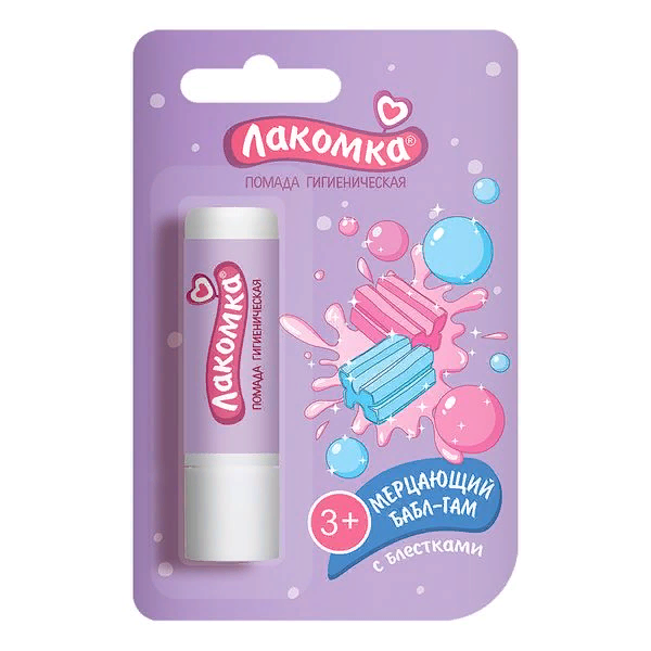 Лакомка Бальзам для губ питательный Мерцающий Бабл-гам с маслом какао и блестками, от 3 лет 2.8г / гигиеническая помада
