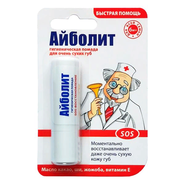 Аванта Бальзам для губ питательный Айболит Sos-восстановление с маслом какао, ши, жожоба и витамином Е, от 6 месяцев 2.8г / гигиеническая помада