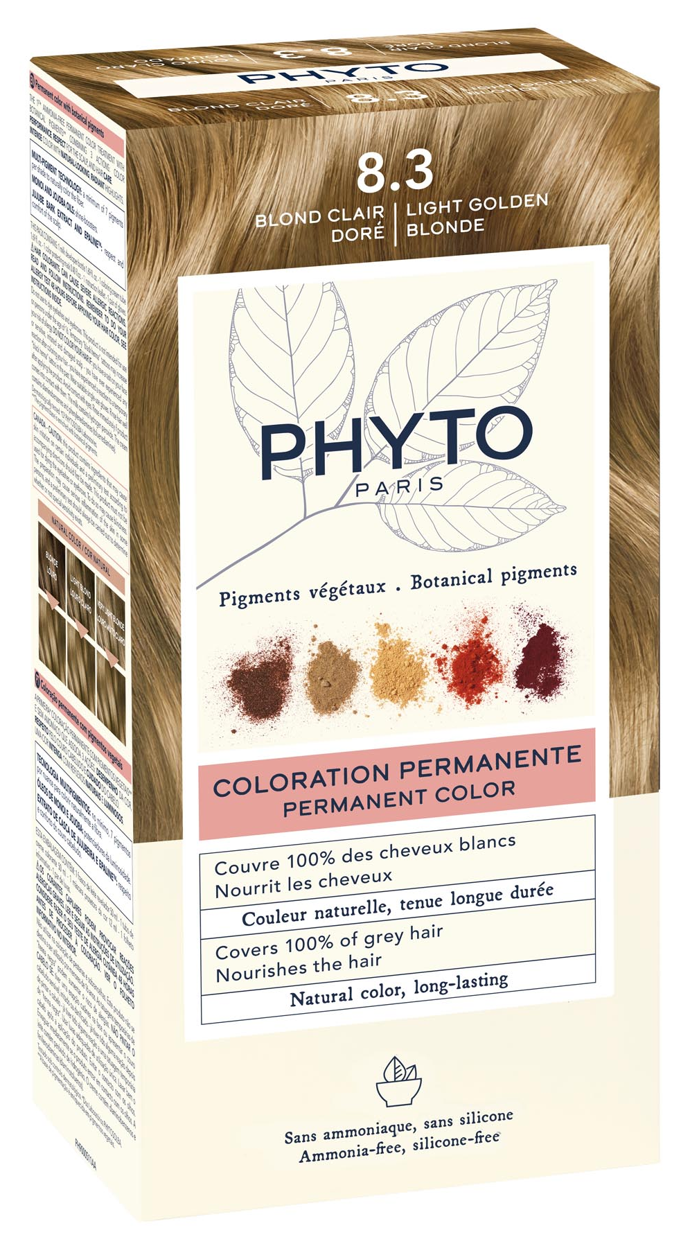 Phyto / Фито Крем-краска для волос перманентная с растительными пигментами, тон 8.3 светлый золотистый блонд, 50мл / женская косметика