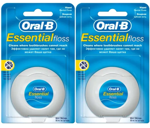 Oral-B / Орал-Би Зубная нить Essential floss вощеная с ароматом мяты, в упаковке 2шт. по 50м / уход за зубами
