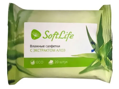 Влажные салфетки SoftLife / СофтЛайф с экстрактом алоэ, 20шт. / для очищения