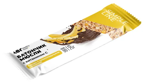 Батончик мюсли злаковый ABC healthy food / АВС Хэлси фуд банан с шоколадными каплями, с витамином С, 25г / здоровый перекус