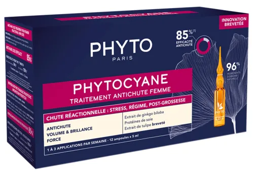 Phyto / Фито Phytocyane Сыворотка для волос против выпадения после стресса, диет, родов для женщин с экстрактом гинкго билоба, в упаковке 12 ампул по 5мл / уходовая косметика