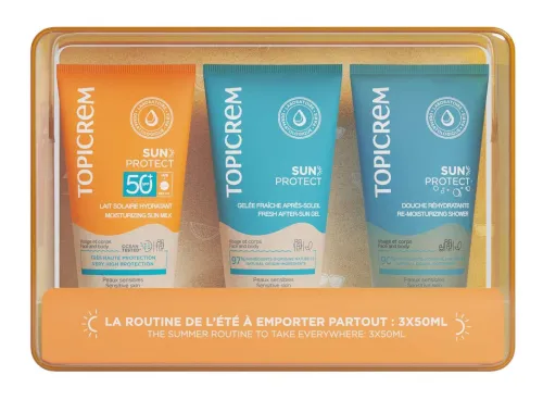 Topicrem / Топикрем Sun Protect Набор косметический для женщин и мужчин для ухода за кожей: молочко солнцезащитное SPF50+ 50мл, желе против загара 50мл, гель для душа 50мл