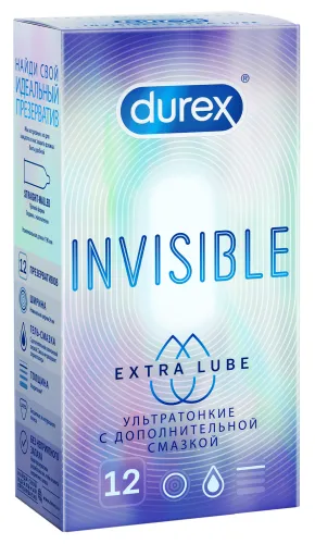 Презервативы Durex / Дюрекс Invisible Extra Lube ультратонкие из латекса с силиконовой смазкой 12шт.