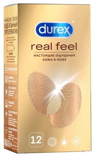Презервативы Durex / Дюрекс Real Feel утолщенные для естественных ощущений с эффектом кожа к коже из синтетического латекса с силиконовой смазкой 12шт.