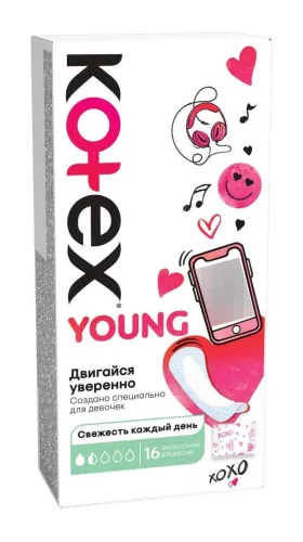 Kotex / Котекс Young Прокладки женские, для девочек, гигиенические ежедневные экстратонкие, 1.5 капли, 16шт. / средство личной гигиены
