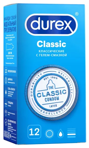 Презервативы Durex / Дюрекс Classic классические из латекса со смазкой 12шт.