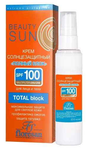 Floresan / Флоресан Солнцезащитное средство Beauty Sun Формула 285 SPF-100 крем полный блок для светлой кожи с пантенолом, 75мл / защита от ультрафиолета