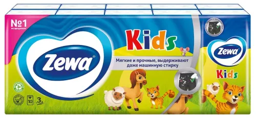 Zewa / Зева Бумажные платочки носовые Kids трехслойные 10шт. / платки одноразовые детские