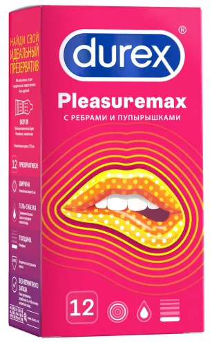 Презервативы Durex / Дюрекс Pleasuremax с ребрами и пупырышками из мягкого натурального латекса с силиконовой смазкой 12шт.