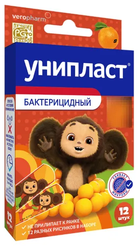 Унипласт Пластырь бактерицидный детский с рисунком на основе пленки, 1.9х7.2см, в упаковке 12шт. / лейкопластырь