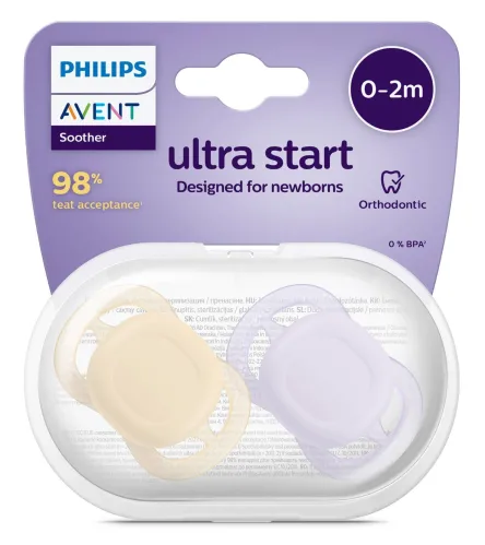 Пустышка для новорожденных Philips Avent / Филипс Авент Ultra Start от 0-2 месяцев силиконовая, желтая, фиолетовая, 2шт. / соска ортодонтическая с футляром для хранения