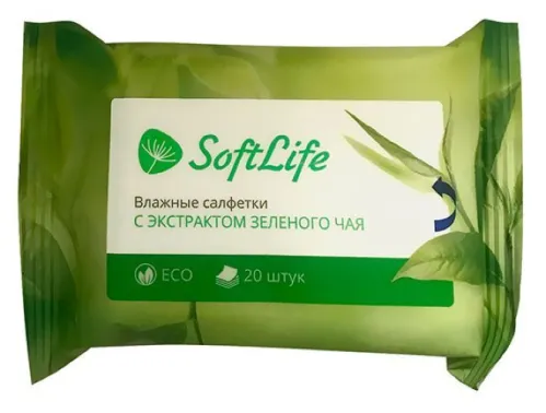 Влажные салфетки SoftLife / СофтЛайф с экстрактом зеленого чая, 20шт. / для очищения