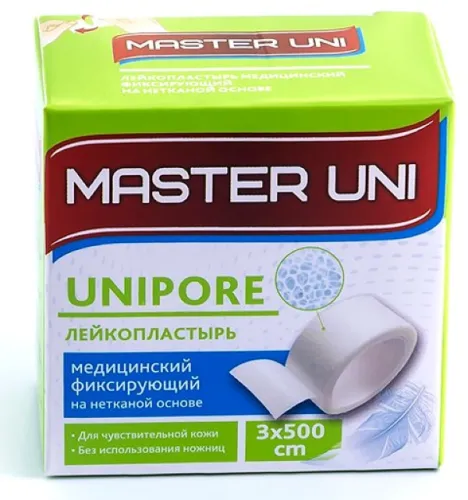 Master Uni / Мастер Юни Пластырь фиксирующий Unipore нестерильный белый на нетканой основе 3х500см в упаковке 1шт. / лейкопластырь рулонный