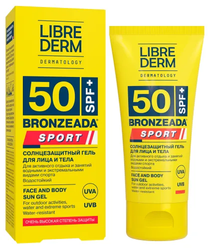 Librederm / Либридерм Солнцезащитное средство Bronzeada Sport SPF-50 гель для кожи лица и тела любого типа с маслом семян рицина 50мл / защита от ультрафиолета