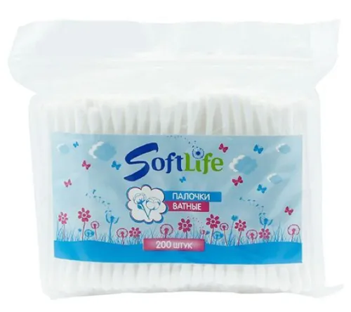 Ватные палочки SoftLife 200шт, хлопок, пакет