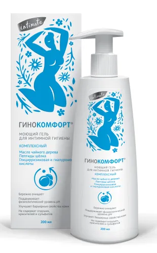 Гинокомфорт Гель для интимной гигиены женский Комплексный с молочной кислотой, маслом чайного дерева, пептидами шелка, глицирризиновой и гиалуроновой кислотой 200мл