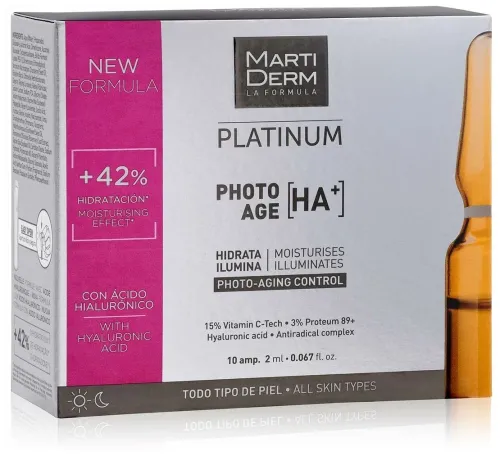Martiderm / Мартидерм Platinum Photo-Age HA+ Сыворотка для лица от фотостарения для всех типов кожи, с гиалуроновой кислотой, в упаковке 10 ампул по 2мл / уходовая косметика