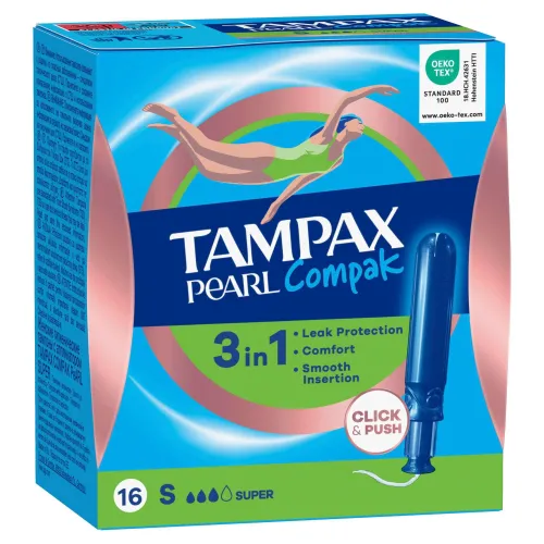 Tampax / Тампакс Тампоны гигиенические Super Compak Pearl 3 в 1 с аппликатором, 3 капли, 16шт. / средство для интимной гигиены