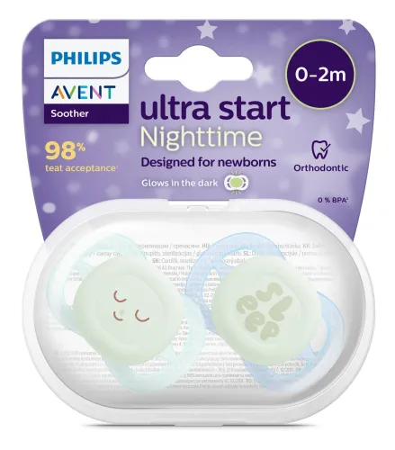Пустышка для новорожденных Philips Avent / Филипс Авент Ultra Start NightTime от 0-6 месяцев силиконовая, голубая, зеленая, 2шт. / соска ортодонтическая с футляром для хранения